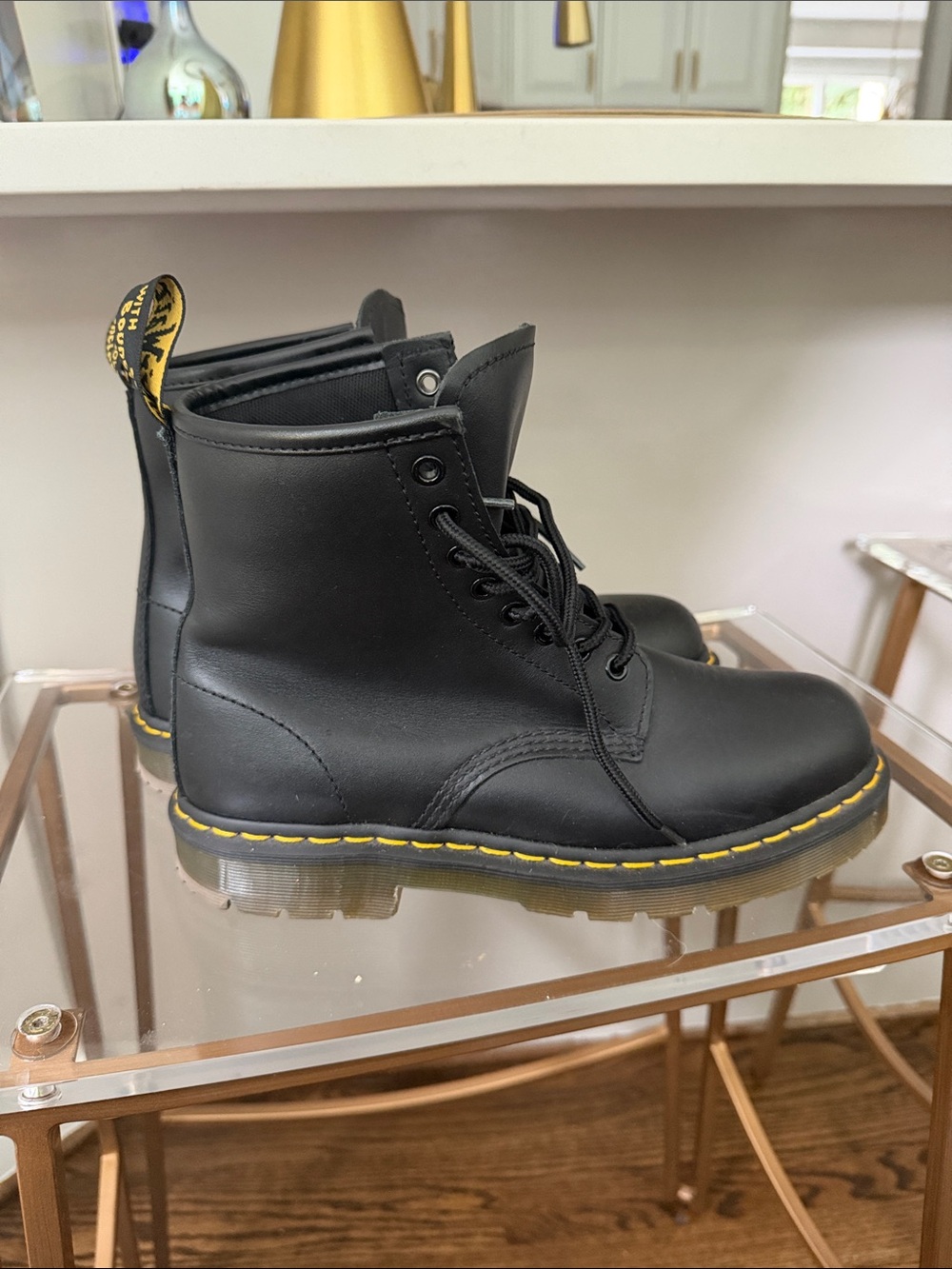 Dr. Martens Black Leather Lace-Up Boots with Yellow Stitching